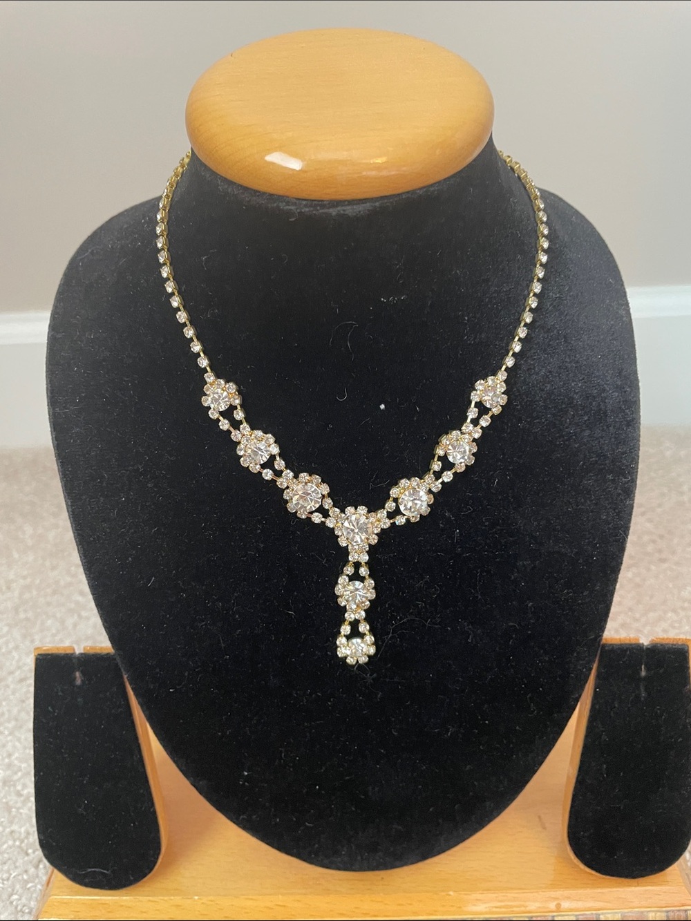 Crystal Floral Drop Necklace - Gold Tone
